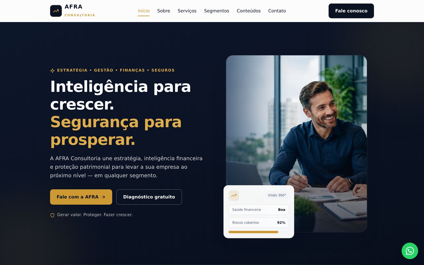 P&aacute;gina inicial do site da AFRA Consultoria, com o t&iacute;tulo Intelig&ecirc;ncia para crescer, Seguran&ccedil;a para prosperar e bot&otilde;es de contato
